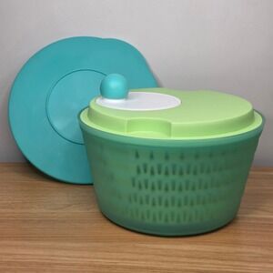 Tupperware Discontinued Spin N Save Salad Spinner 4.5L 4pc Set Green & Turquoise
